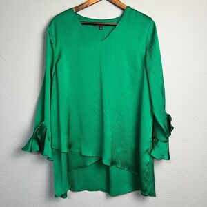 Calessa Kelly Green Blouse Ruffle Flutter Cuff Long Sleeve V‎ Neck Boho Size L
